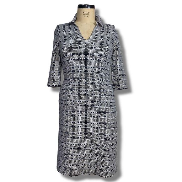J.McLaughlin Womens Size Small Dress Navy Blue Geometric Print V Neck Collared - Picture 1 of 5